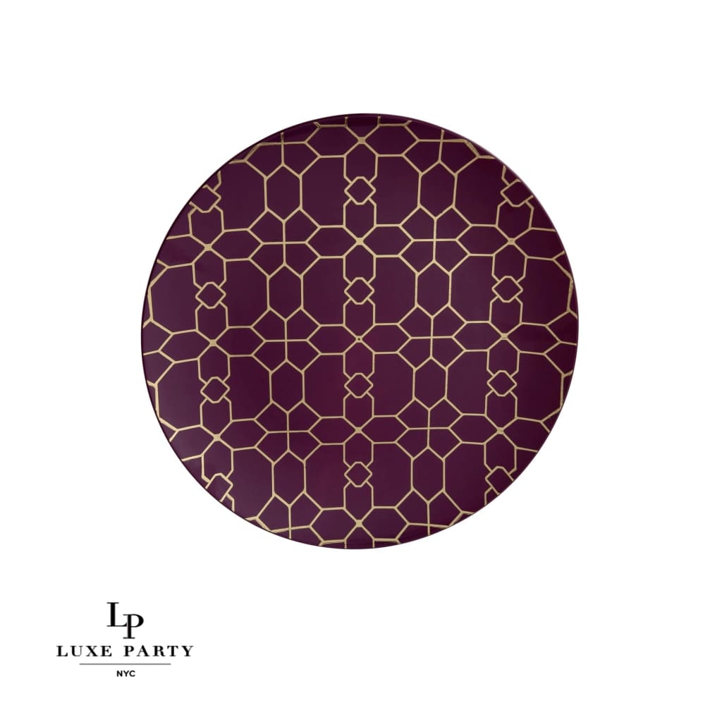 Round Purple • Gold Pattern Plastic Plates | 10 Pack