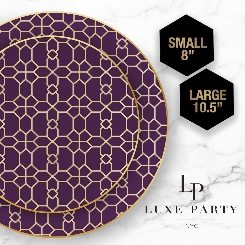 Round Purple • Gold Pattern Plastic Plates | 10 Pack