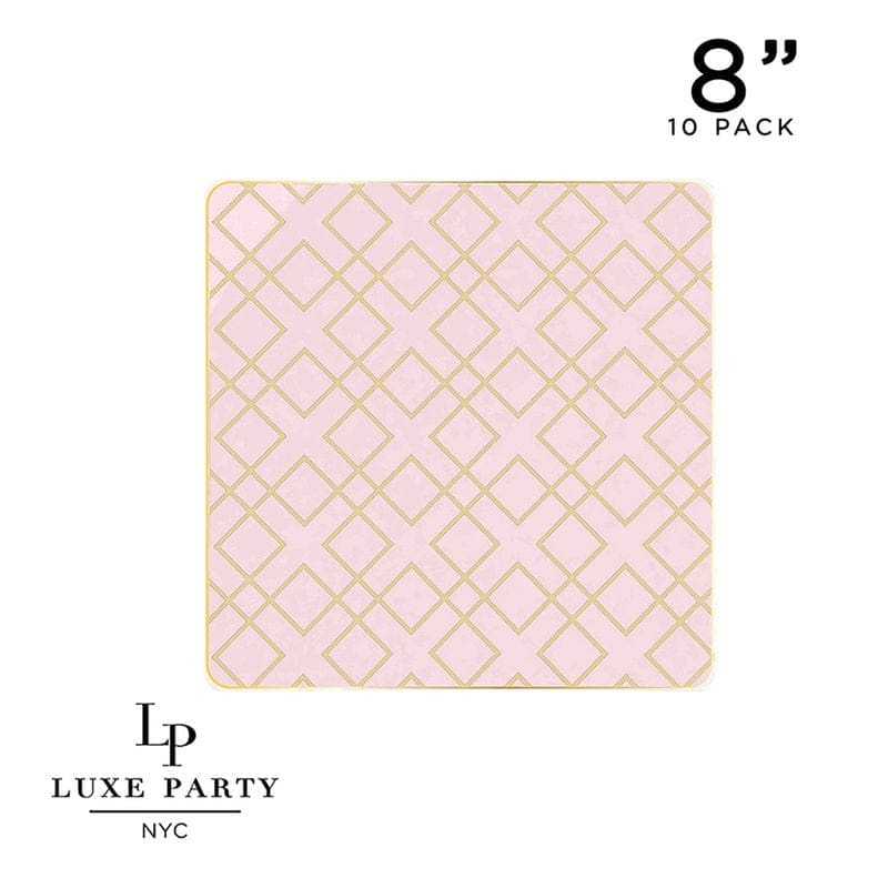 Square Blush • Gold Art Deco Pattern Plastic Plates | 10 Plates