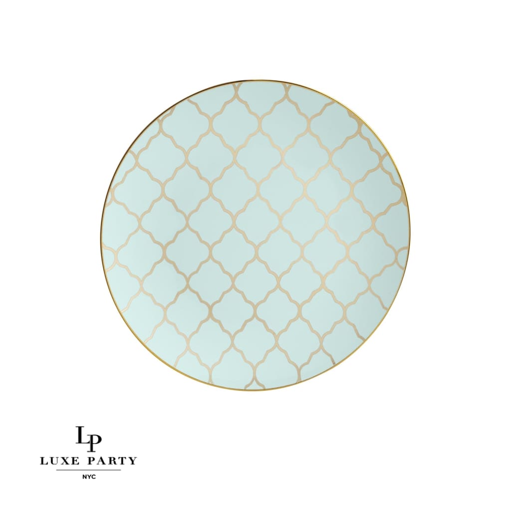 Round Mint Green and Gold Lattice Pattern Plastic Plates | 10 Pack