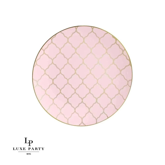 Round Blush • Gold Lattice Pattern Plastic Plates | 10 Pack