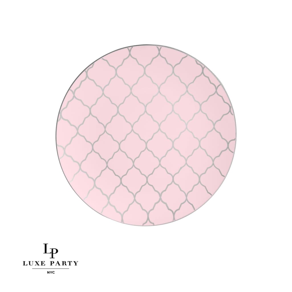 Round Blush • Silver Lattice Pattern Plastic Plates | 10 Pack