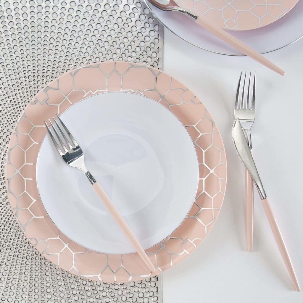 Round Blush • Silver Lattice Pattern Plastic Plates | 10 Pack