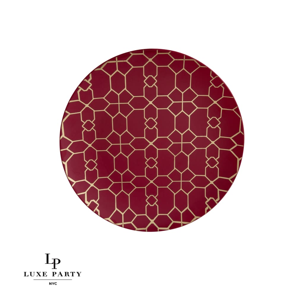 Round Cranberry • Gold Pattern Plastic Plates | 10 Pack
