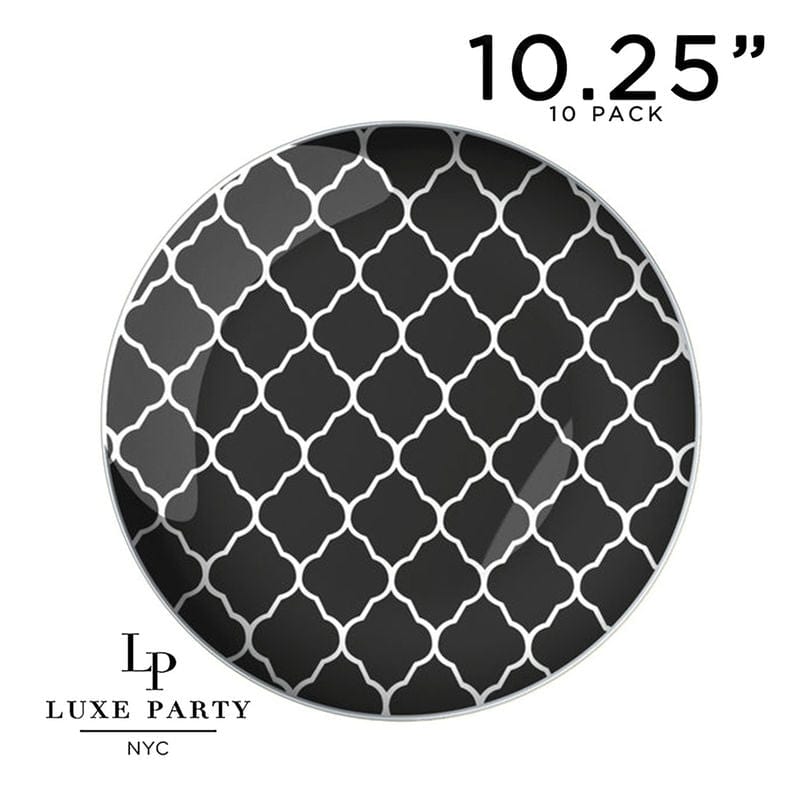 Round Black • Silver Lattice Pattern Plastic Plates | 10 Pack