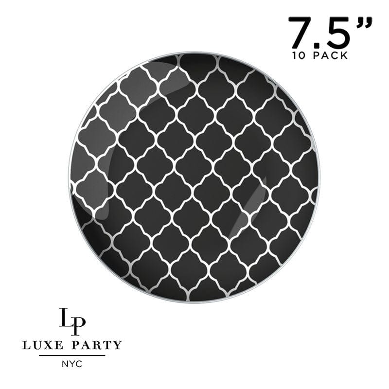 Round Black • Silver Lattice Pattern Plastic Plates | 10 Pack
