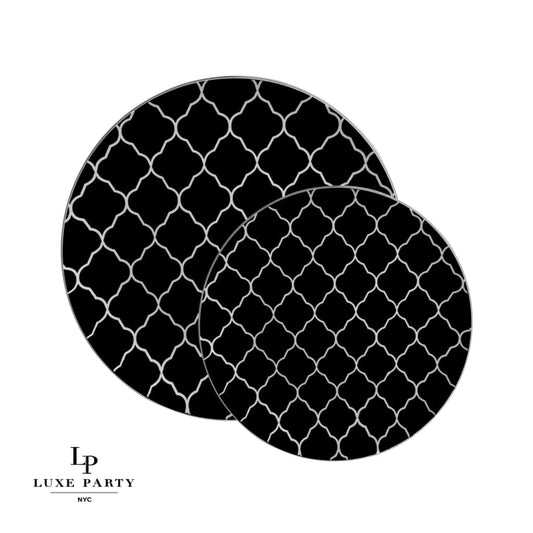 Round Black • Silver Lattice Pattern Plastic Plates | 10 Pack