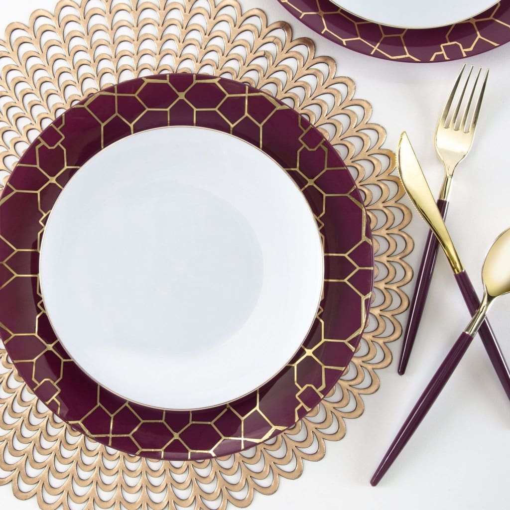 Round Purple • Gold Pattern Plastic Plates | 10 Pack