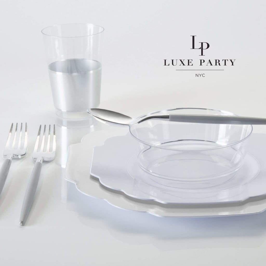 Scalloped Clear Base Silver • White Plastic Plates | 10 Pack