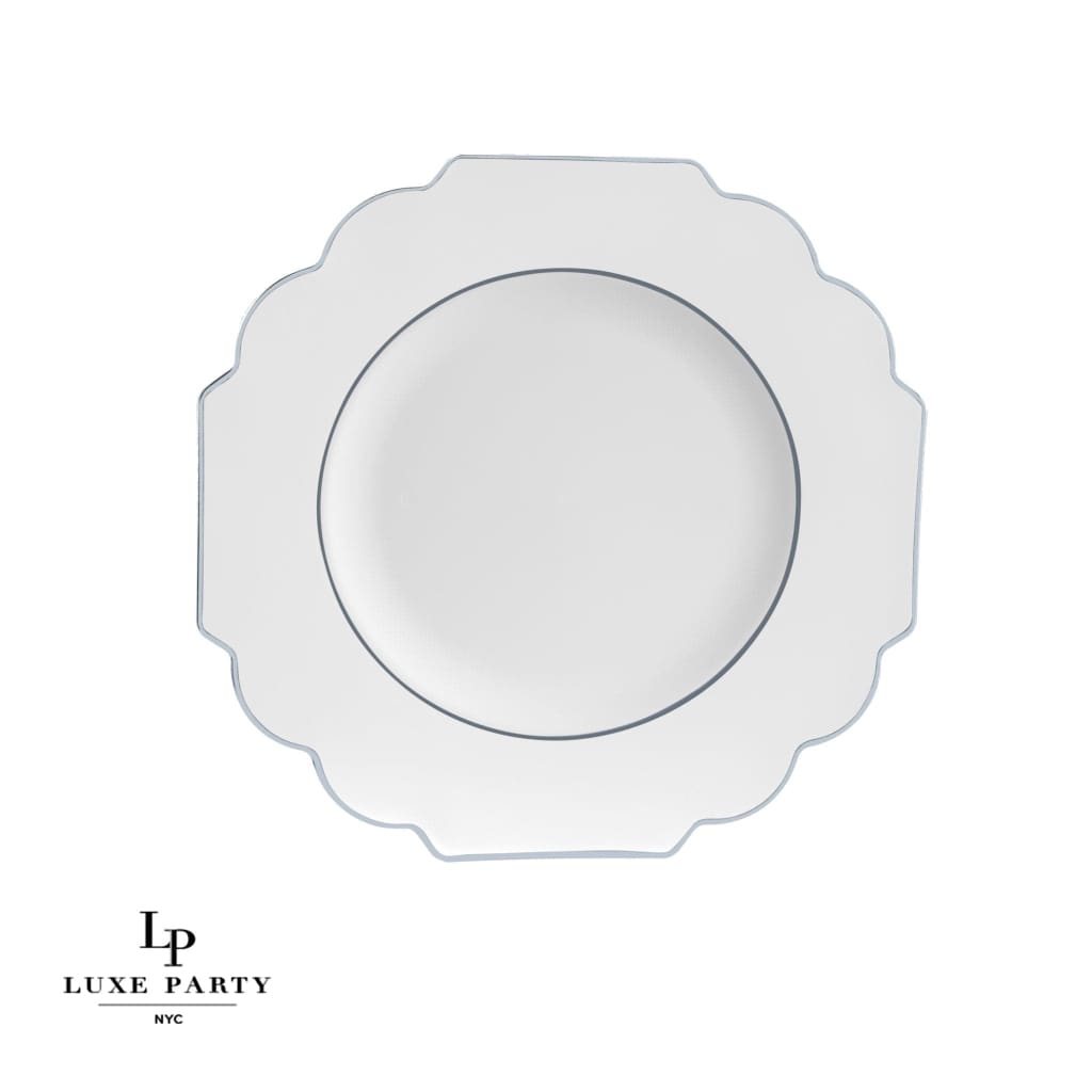 Scalloped Clear Base Silver • White Plastic Plates | 10 Pack