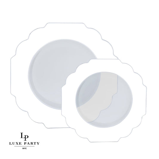 Scalloped Clear Base Silver • White Plastic Plates | 10 Pack