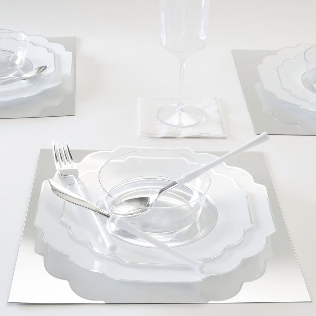 Scalloped Clear Base Silver • White Plastic Plates | 10 Pack