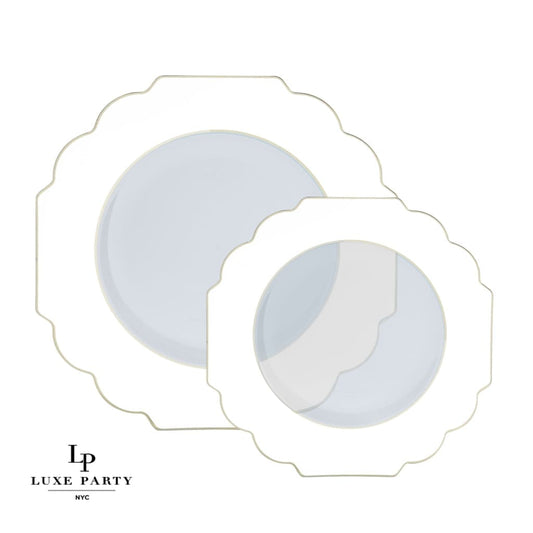 Scalloped Clear Base White • Gold Plastic Plates | 10 Pack