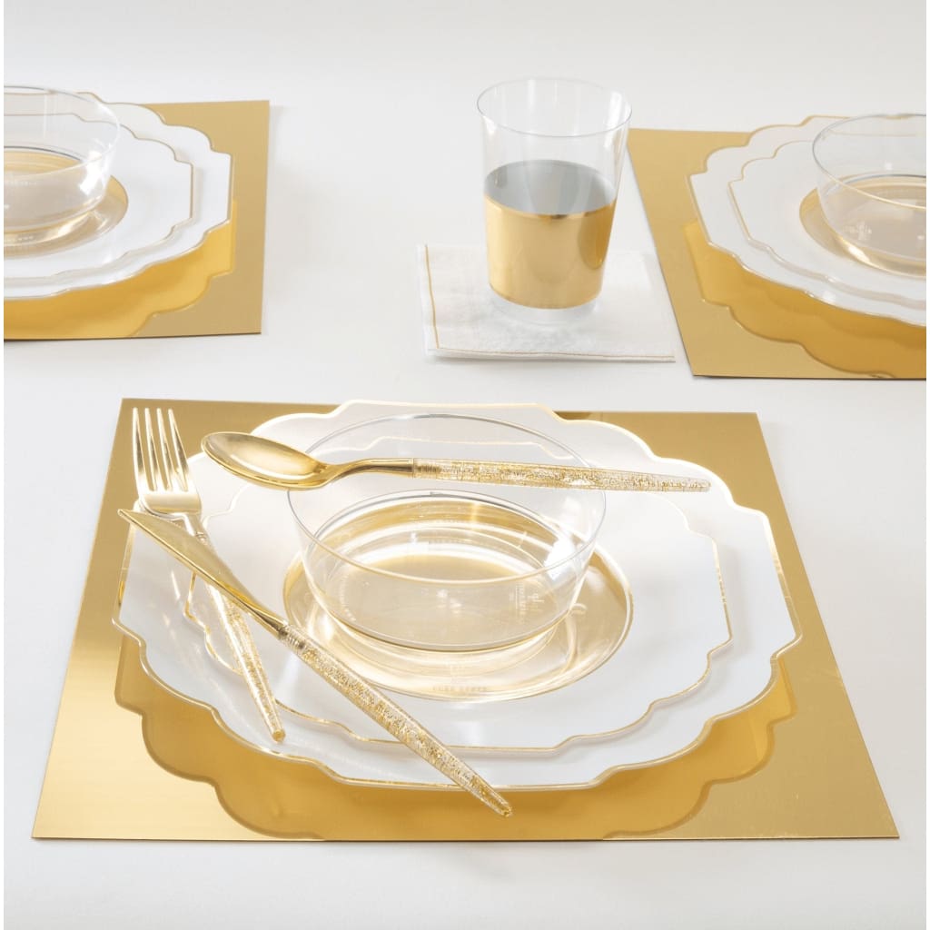 Scalloped Clear Base White • Gold Plastic Plates | 10 Pack