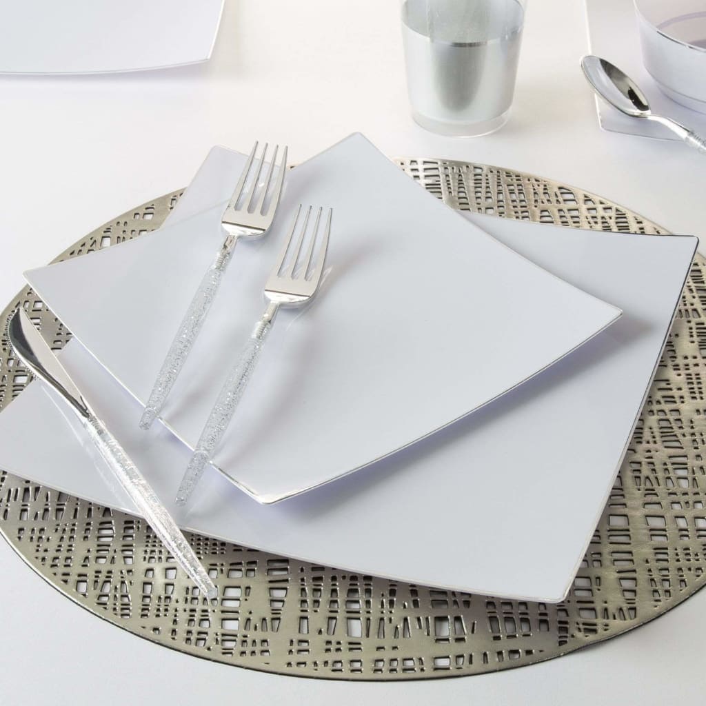Square Coupe White • Silver Plastic Plates | 10 Pack