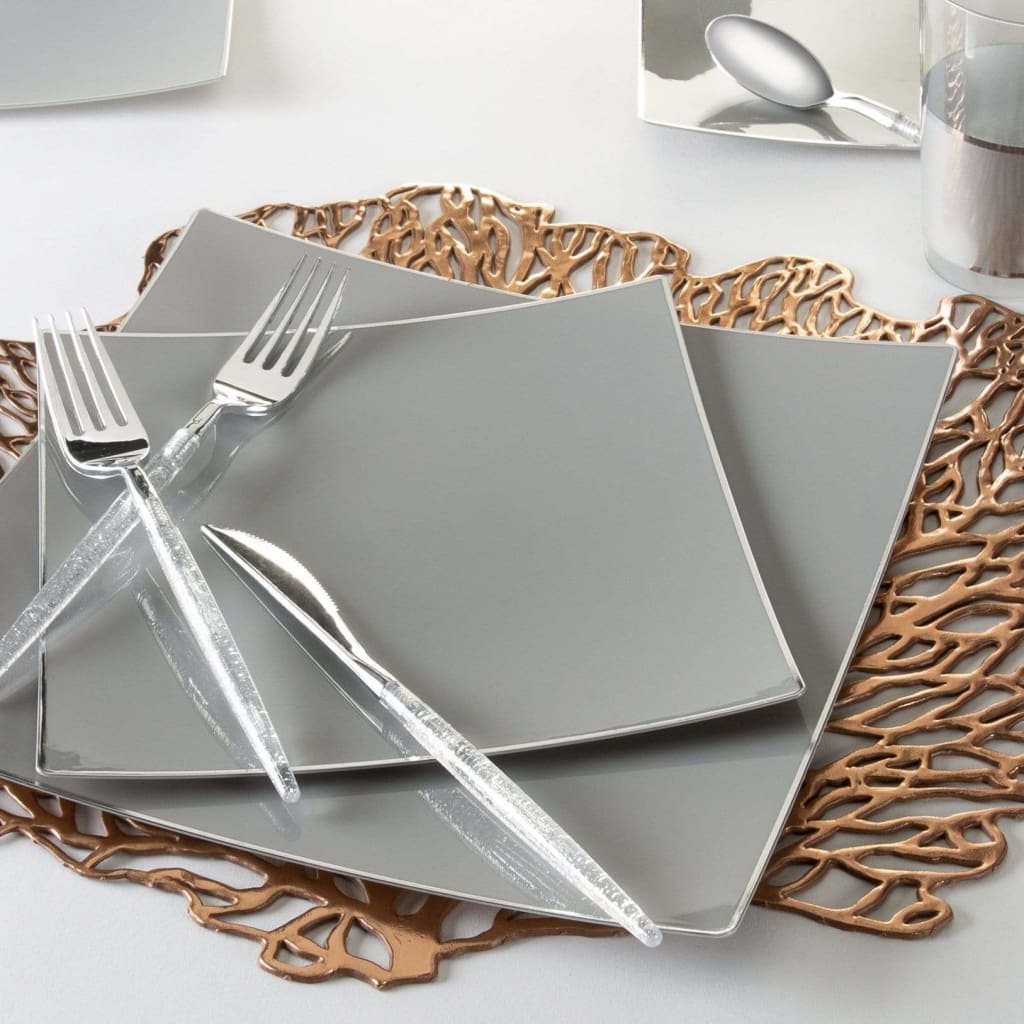Square Grey • Silver Plastic Plates | 10 Pack