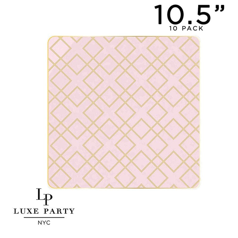 Square Blush • Gold Art Deco Pattern Plastic Plates | 10 Plates