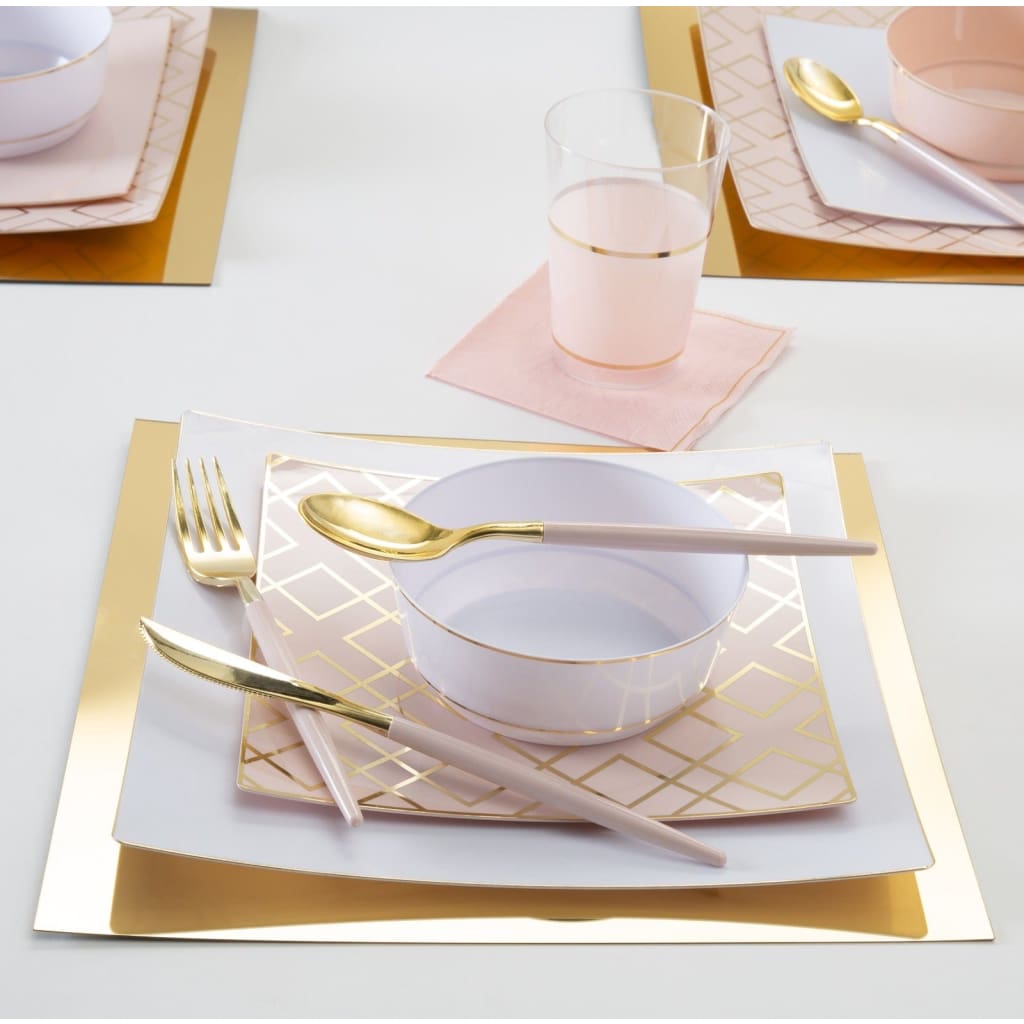 Square Blush • Gold Art Deco Pattern Plastic Plates | 10 Plates