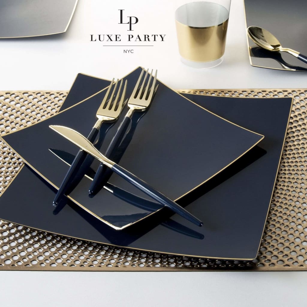 Square Coupe Navy • Gold Plastic Plates | 10 Pack