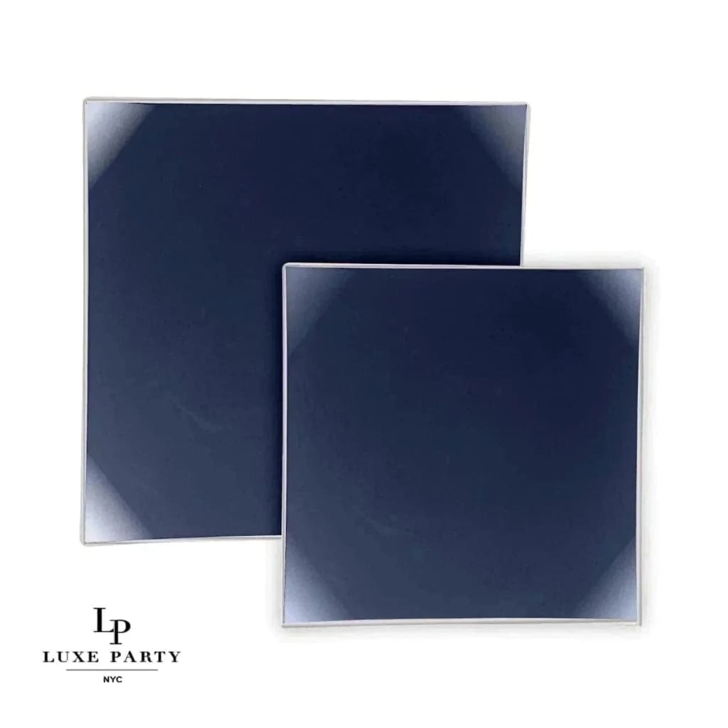Square Coupe Navy • Silver Plastic Plates | 10 Pack