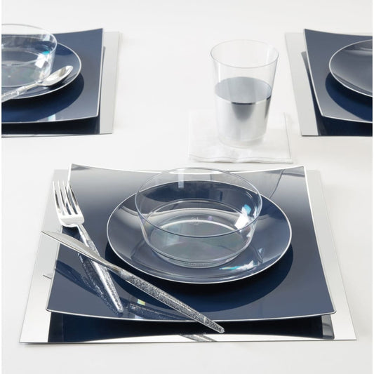 Square Coupe Navy • Silver Plastic Plates | 10 Pack
