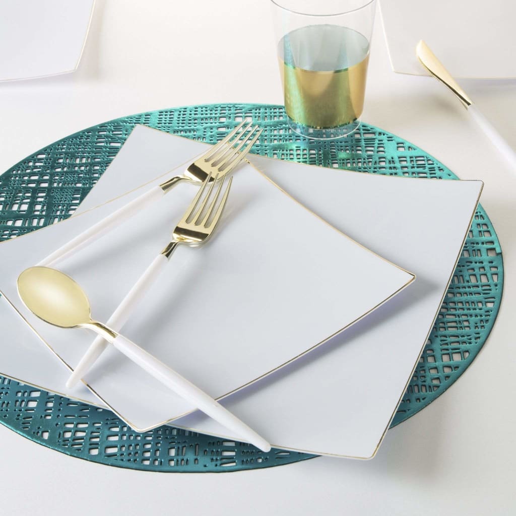 Square Coupe White • Gold Plastic Plates | 10 Pack