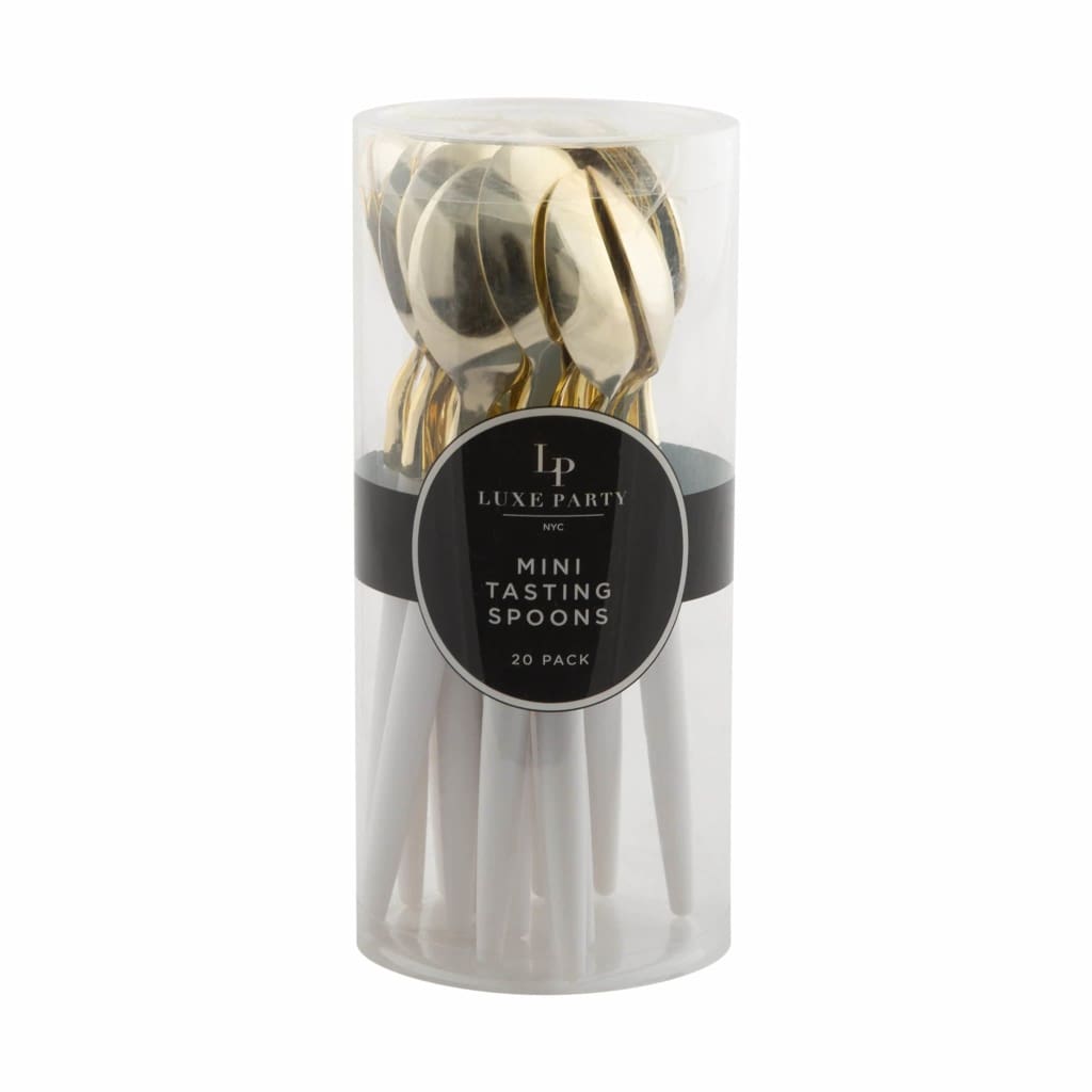 White and Gold Plastic Mini Spoons | 20 Spoons
