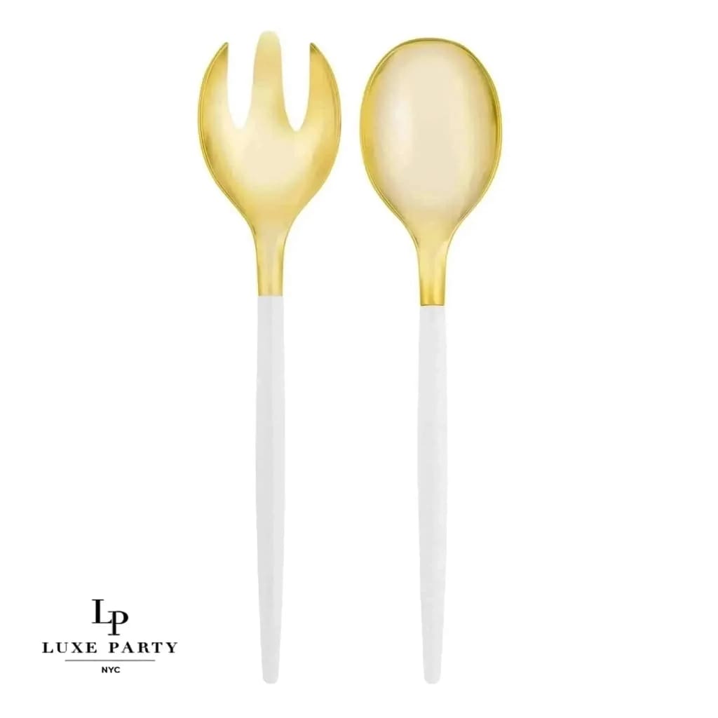 White /  Gold Plastic Serving Fork • Spoon Set